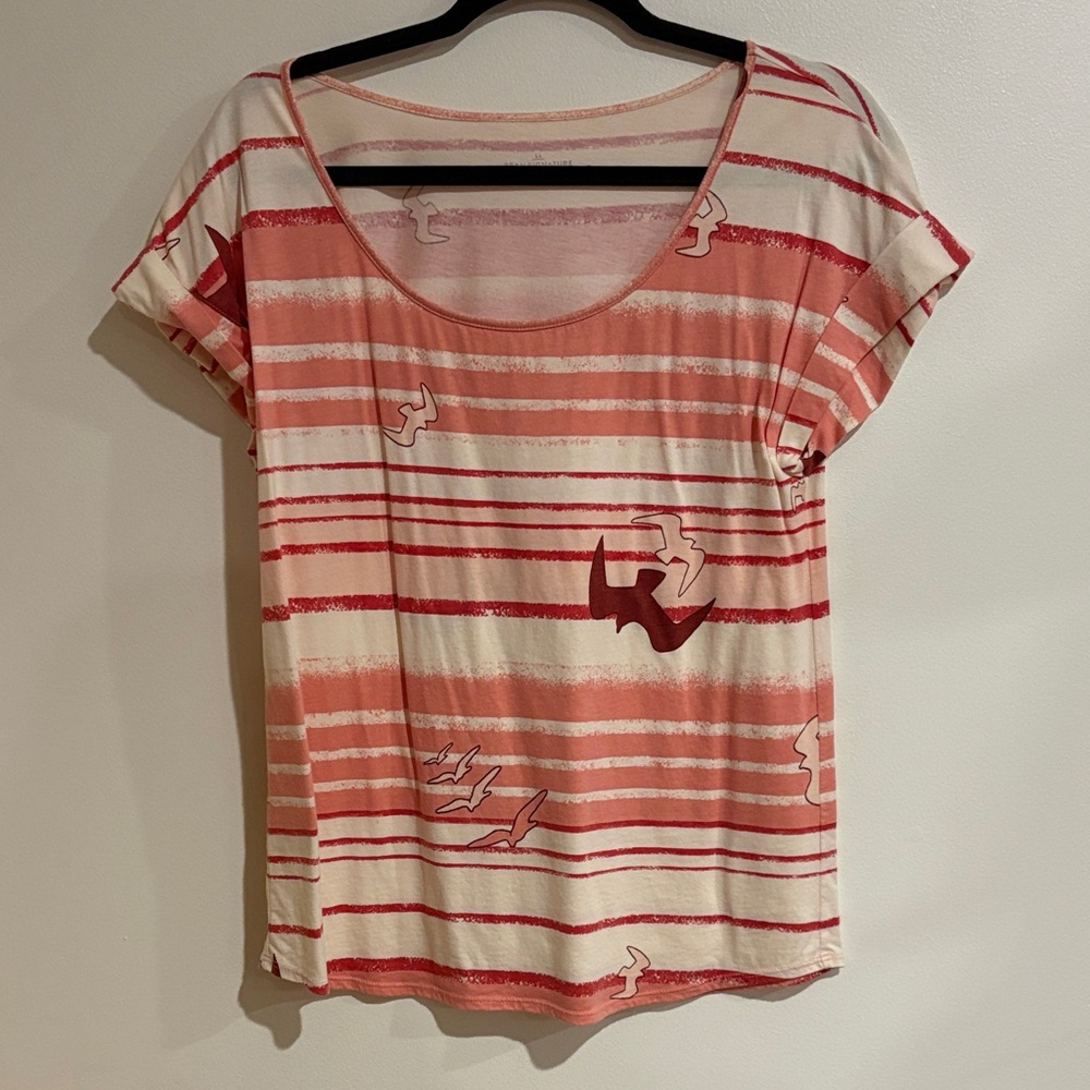 L.L. Bean Coral and Cream Striped Short Sleeve Tee